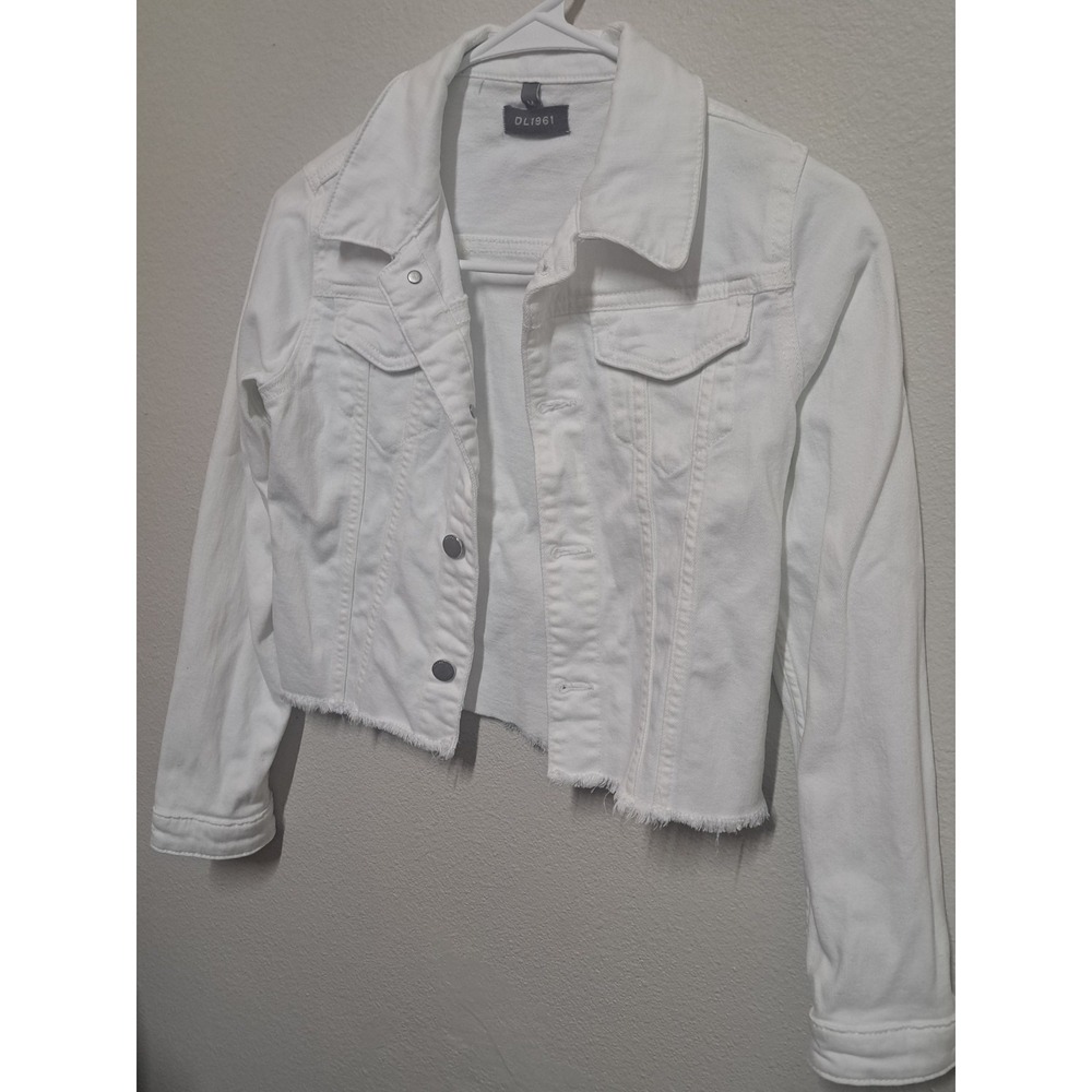 DL1961 White Cropped Denim Jacket Women's Medium Frayed Hem Stretch - Picture 3 of 6